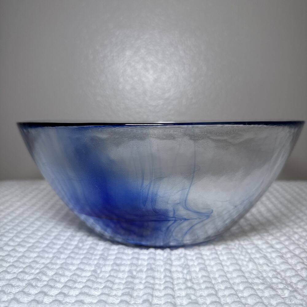 VTG 9” Frosted Art Glass Bowl Cobalt Blue Swirl Modern Centerpiece Scan. Style